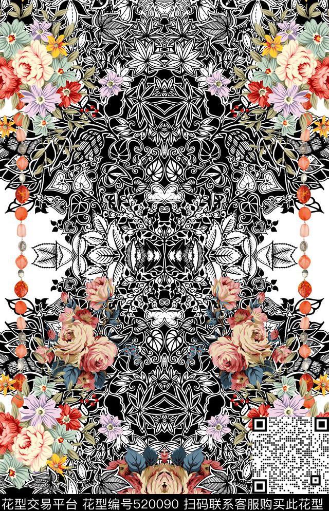 欧式图案黑白数码印花华亿平台下载（图片编号: 520090） - 瓦栏（Walan）