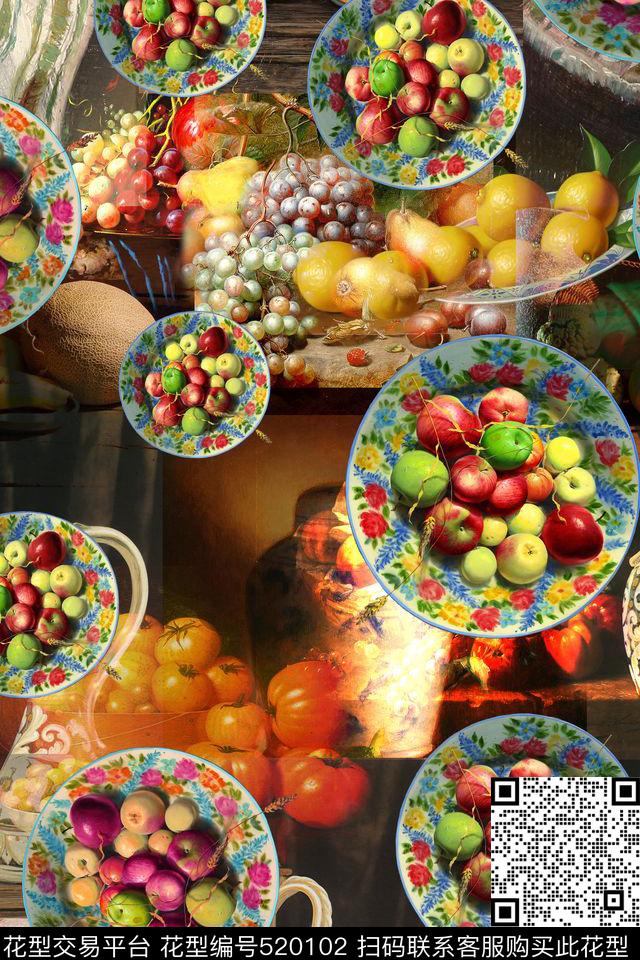 复古油画果盘花卉大牌女装男士秋冬衬衫数码印花华亿平台下载（图片编号: 520102） - 瓦栏（Walan）