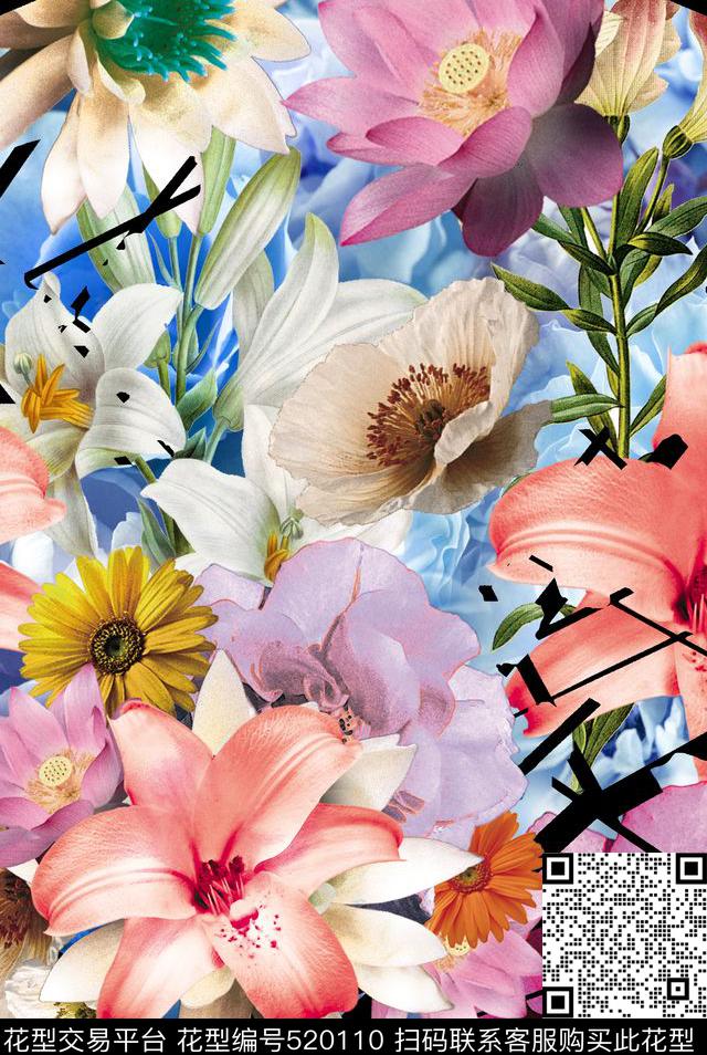 流行时尚欧美手绘大牌幻彩几何花卉数码印花华亿平台下载（图片编号: 520110） - 瓦栏（Walan）