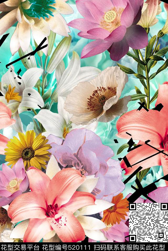 流行时尚欧美手绘大牌幻彩几何花卉数码印花华亿平台下载（图片编号: 520111） - 瓦栏（Walan）