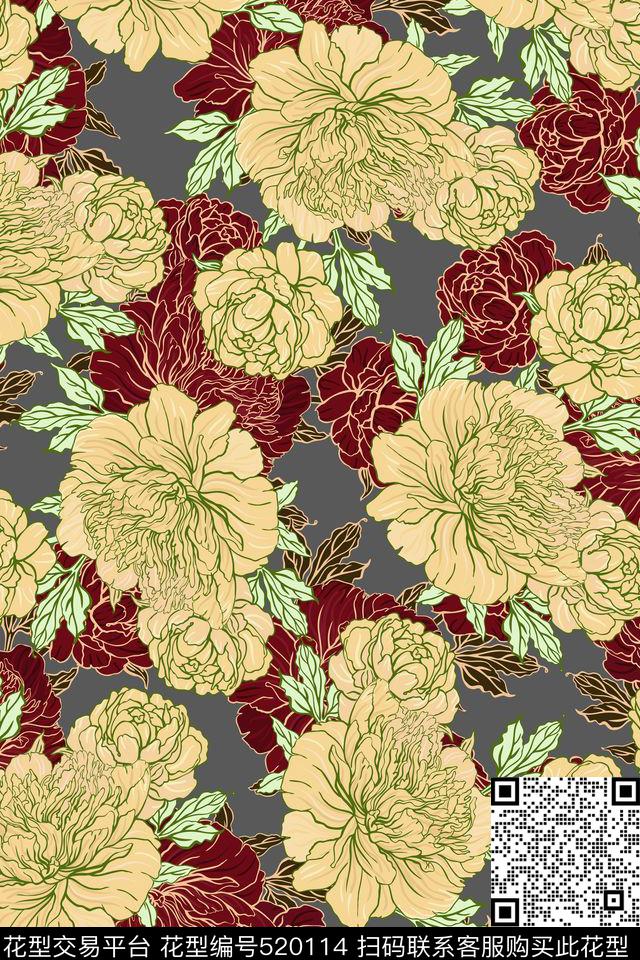 花卉牡丹花女装传统印花华亿平台下载（图片编号: 520114） - 瓦栏（Walan）