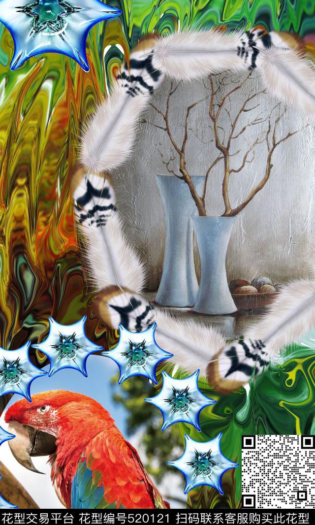 写意抽象背景静物鸟鹦鹉羽毛数码印花华亿平台下载（图片编号: 520121） - 瓦栏（Walan）