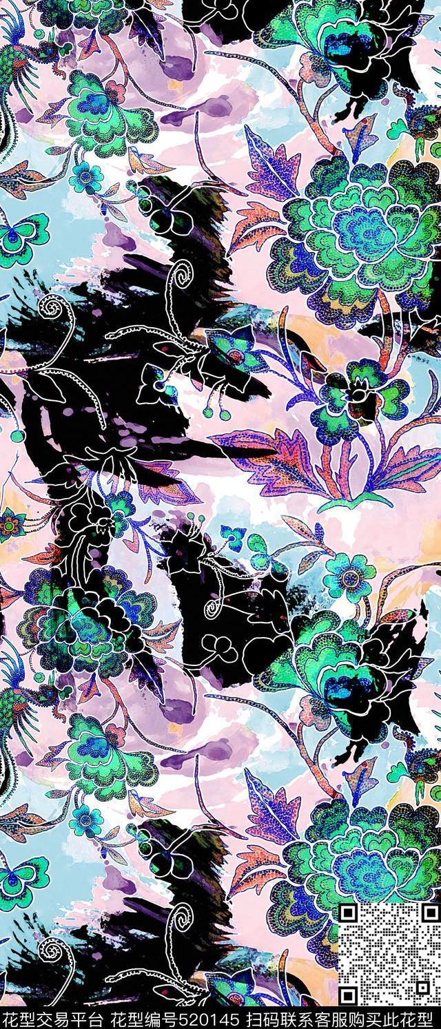 流行时尚手绘抽象古风迷彩欧美数码印花华亿平台下载（图片编号: 520145） - 瓦栏（Walan）