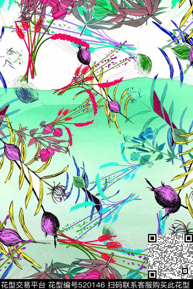 小清新花卉花叶春夏连衣裙数码印花华亿平台下载（图片编号: 520146） - 瓦栏（Walan）