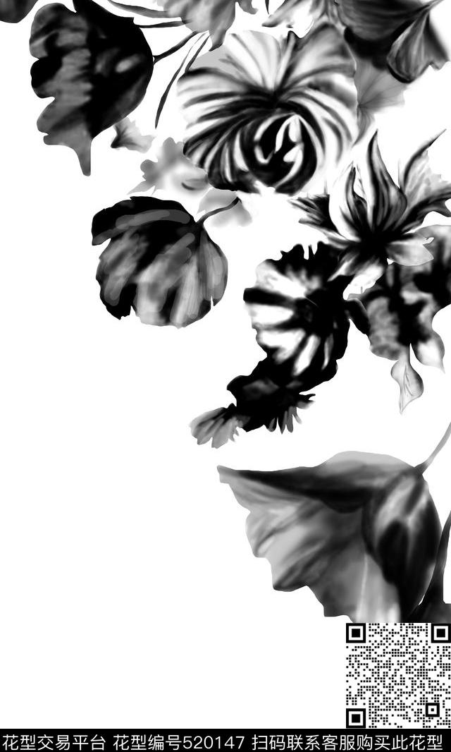 流行时尚花卉水墨数码印花华亿平台下载（图片编号: 520147） - 瓦栏（Walan）