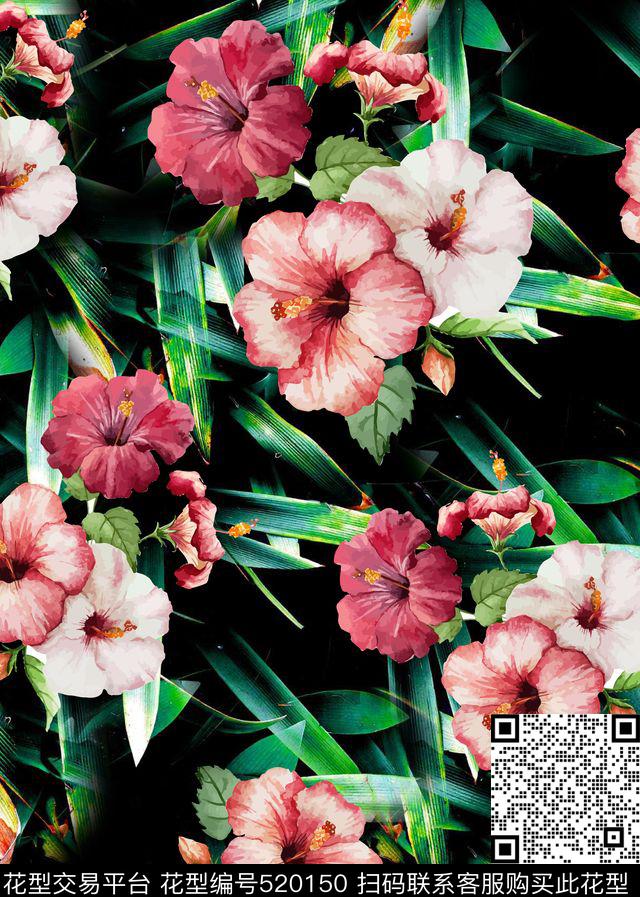 花卉潮流时尚大牌手绘水彩花卉热带植物叶子数码印花华亿平台下载（图片编号: 520150） - 瓦栏（Walan）
