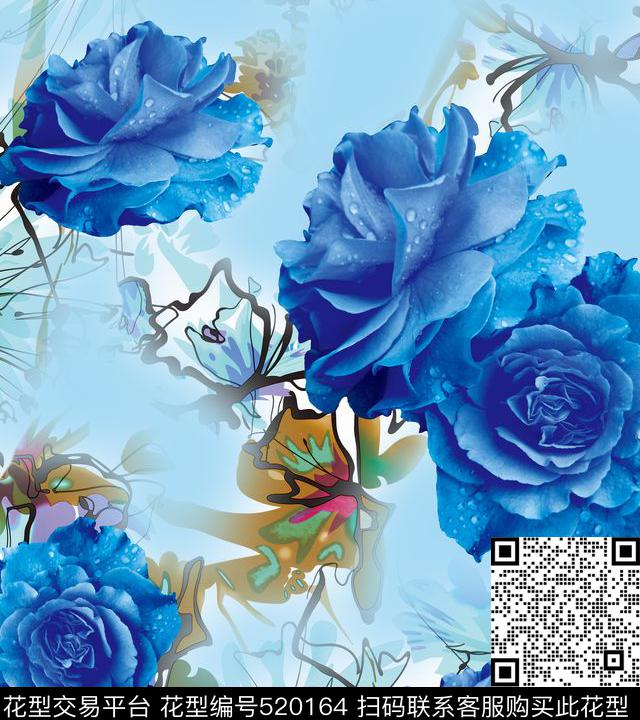 女装潮流时尚大牌手绘藏青色花卉数码印花华亿平台下载（图片编号: 520164） - 瓦栏（Walan）