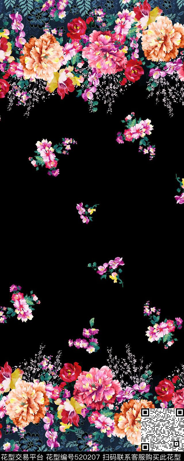 定位华亿平台手绘大花蕾丝低数码印花华亿平台下载（图片编号: 520207） - 瓦栏（Walan）