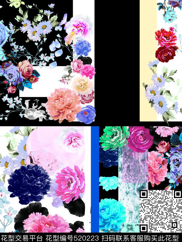 写意花卉条纹花卉数码印花华亿平台下载（图片编号: 520223） - 瓦栏（Walan）