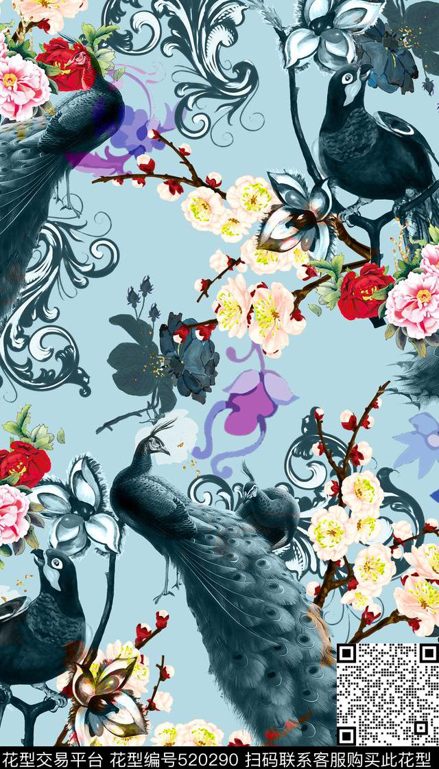 复古孔雀鹦鹉欧式花纹数码印花华亿平台下载（图片编号: 520290） - 瓦栏（Walan）