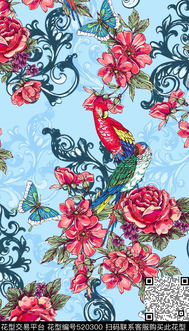 复古鹦鹉蝴蝶数码印花华亿平台下载（图片编号: 520300） - 瓦栏（Walan）