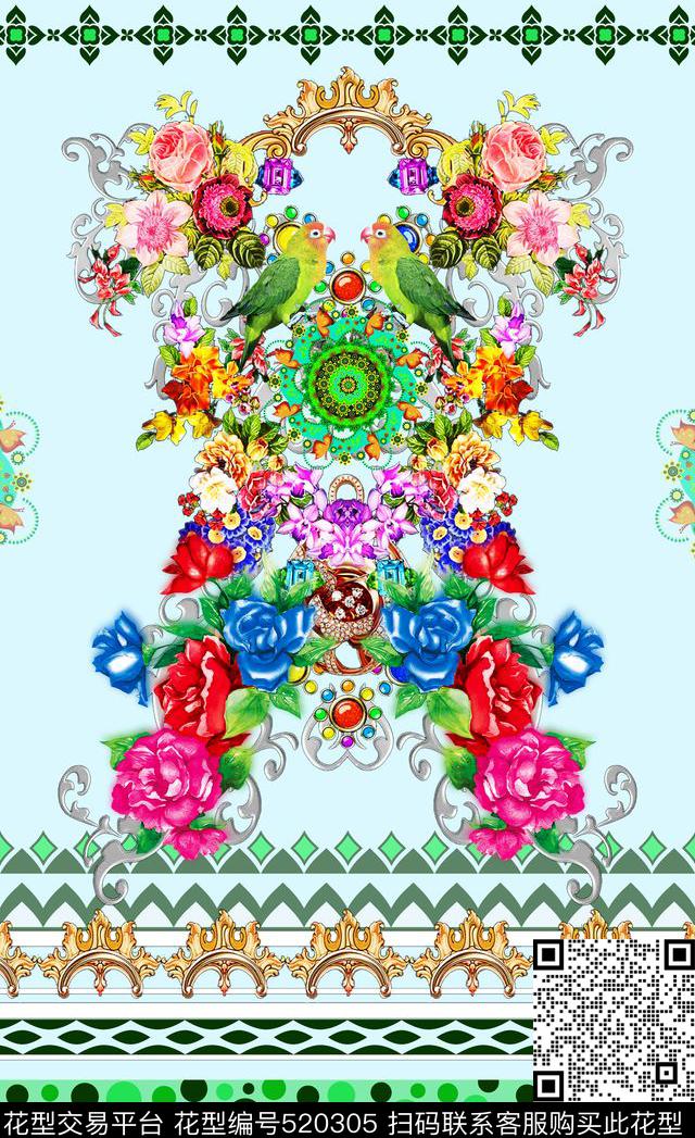 定位时尚手绘素雅几何花卉定位时尚手绘素雅几何花卉玫瑰牡丹鸟鹦鹉欧式宫廷女装民族欧美I【花卉】数码印花华亿平台下载（图片编号: 520305） - 瓦栏（Walan）