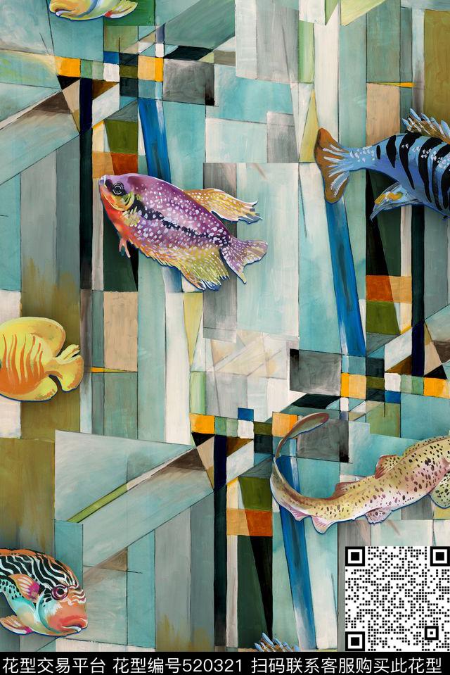 几何油画鱼数码印花华亿平台下载（图片编号: 520321） - 瓦栏（Walan）