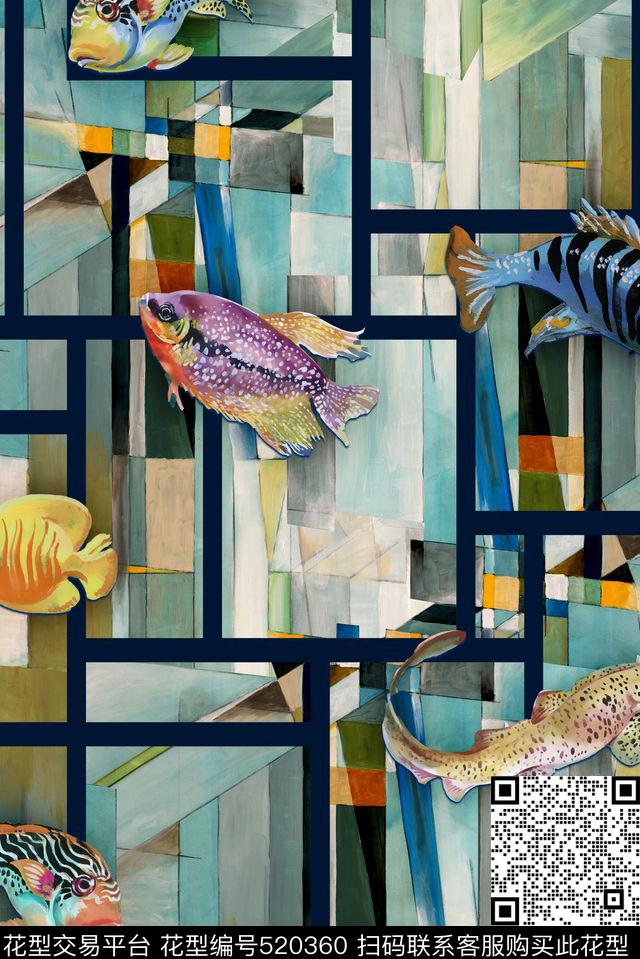 几何油画鱼数码印花华亿平台下载（图片编号: 520360） - 瓦栏（Walan）