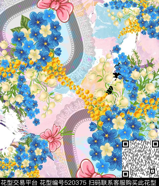 流行时尚欧美手绘心形蝴蝶结花束可爱花卉数码印花华亿平台下载（图片编号: 520375） - 瓦栏（Walan）