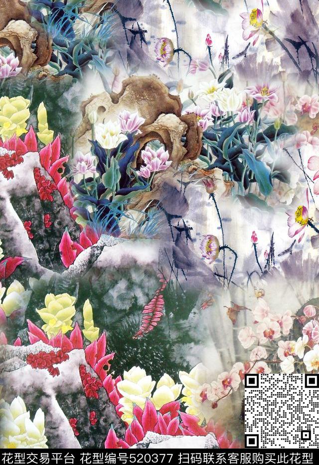 休闲山石花卉四方连续数码印花华亿平台下载（图片编号: 520377） - 瓦栏（Walan）