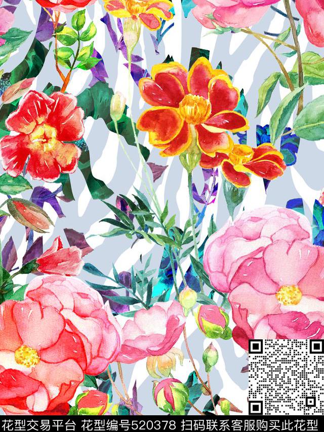 流行时尚手绘斑马底纹花卉欧美数码印花华亿平台下载（图片编号: 520378） - 瓦栏（Walan）