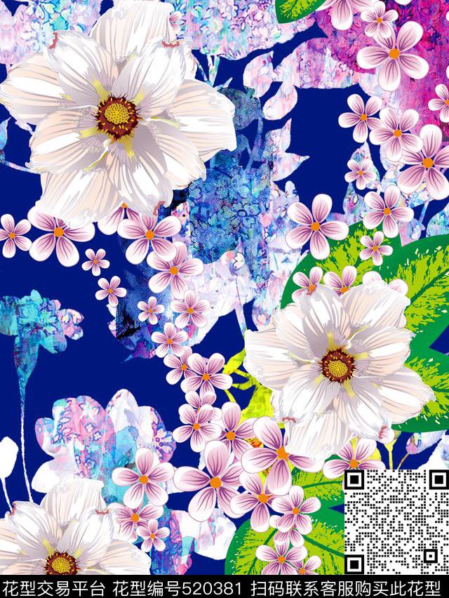 流行时尚手绘幻彩线条花卉欧美数码印花华亿平台下载（图片编号: 520381） - 瓦栏（Walan）