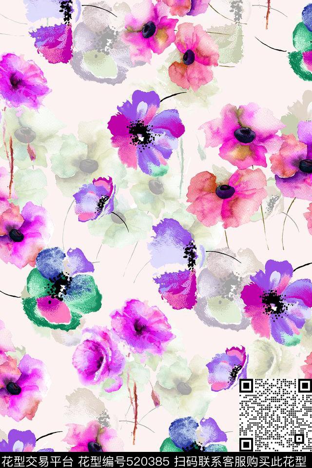 花卉水彩手绘水彩花卉数码印花华亿平台下载（图片编号: 520385） - 瓦栏（Walan）
