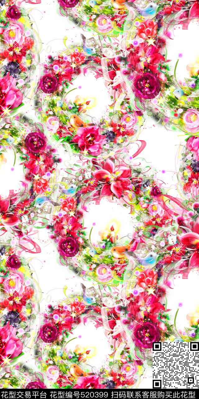 流行时尚手绘幻彩花卉鸟雀欧美数码印花华亿平台下载（图片编号: 520399） - 瓦栏（Walan）