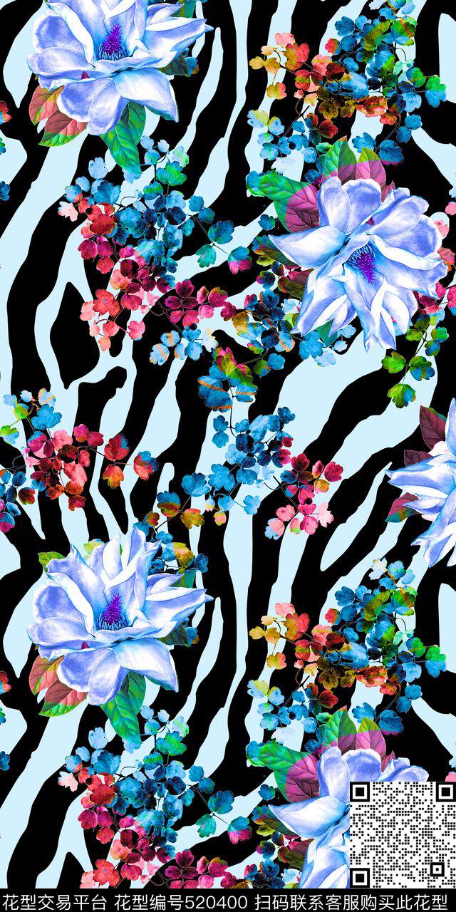 流行时尚手绘斑马底纹五彩叶子花卉欧美数码印花华亿平台下载（图片编号: 520400） - 瓦栏（Walan）
