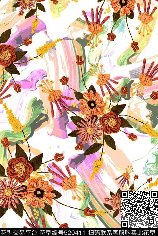 抽象纹理花卉数码印花华亿平台下载（图片编号: 520411） - 瓦栏（Walan）