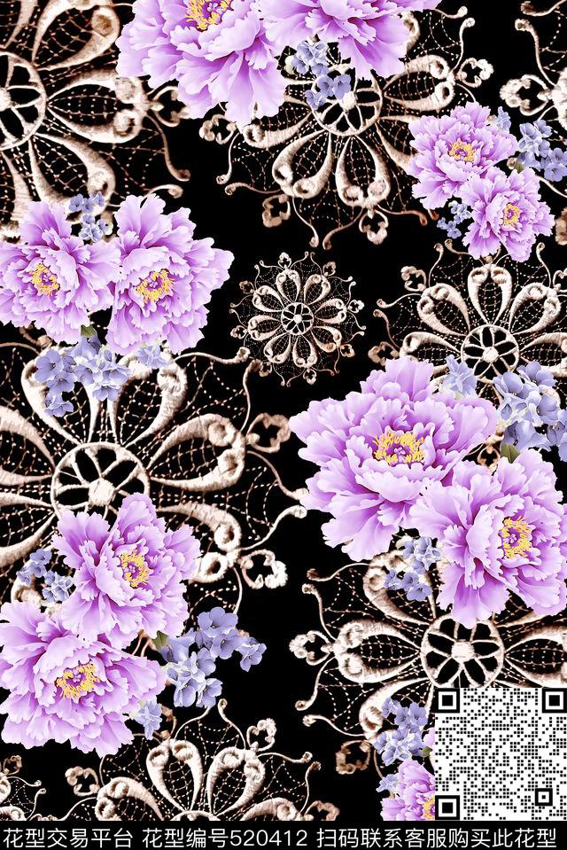 蕾丝花卉花朵数码印花华亿平台下载（图片编号: 520412） - 瓦栏（Walan）