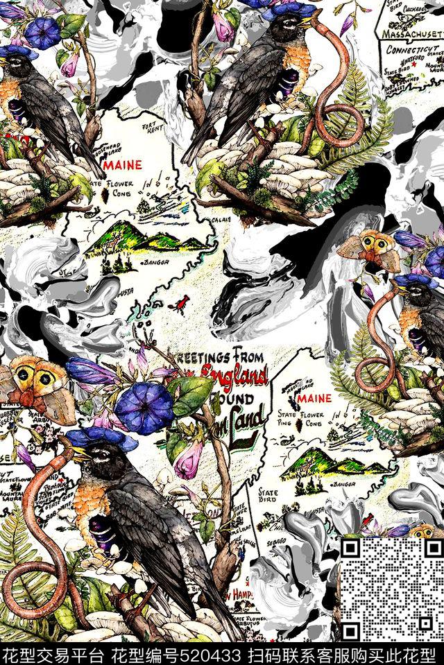 抽象水彩花鸟数码印花华亿平台下载（图片编号: 520433） - 瓦栏（Walan）