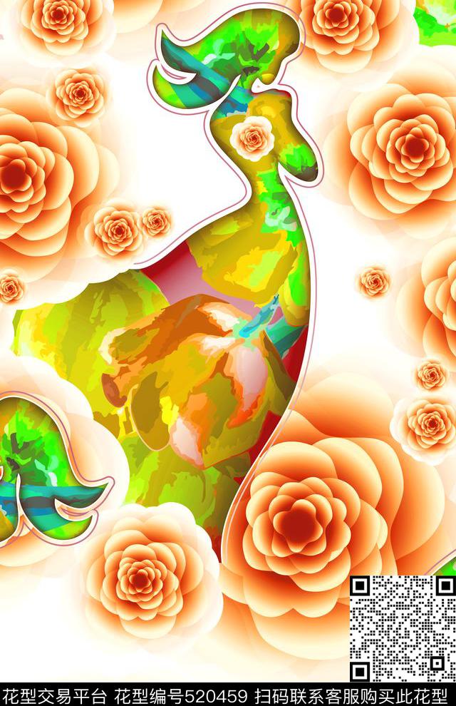 流行时尚欧美手绘花卉花丛美人数码印花华亿平台下载（图片编号: 520459） - 瓦栏（Walan）