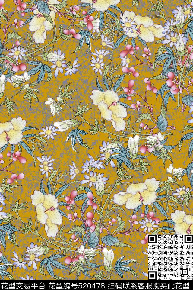 花卉手绘中国风数码印花华亿平台下载（图片编号: 520478） - 瓦栏（Walan）