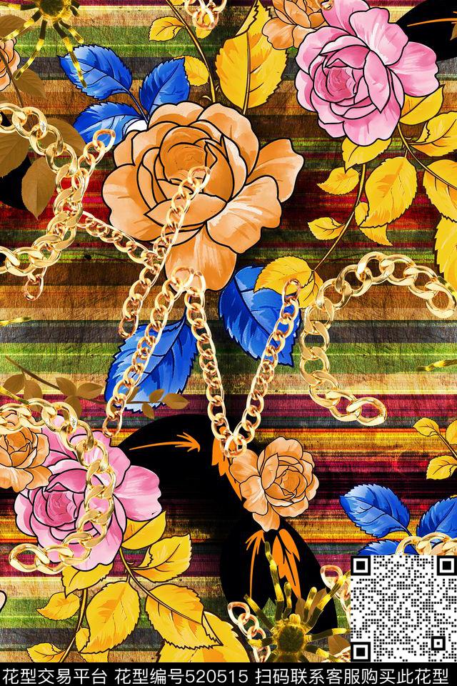 流行时尚炫彩石纹手绘玫瑰数码印花华亿平台下载（图片编号: 520515） - 瓦栏（Walan）