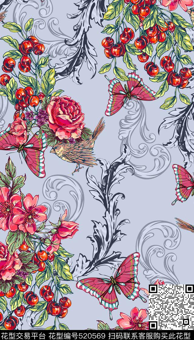 复古樱桃花卉数码印花华亿平台下载（图片编号: 520569） - 瓦栏（Walan）