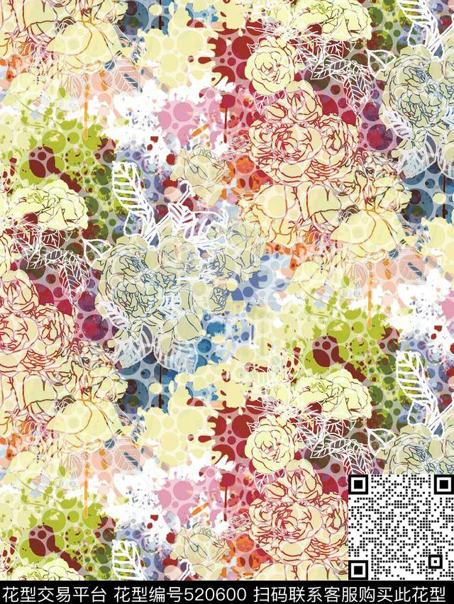 写意花卉泼墨数码印花华亿平台下载（图片编号: 520600） - 瓦栏（Walan）