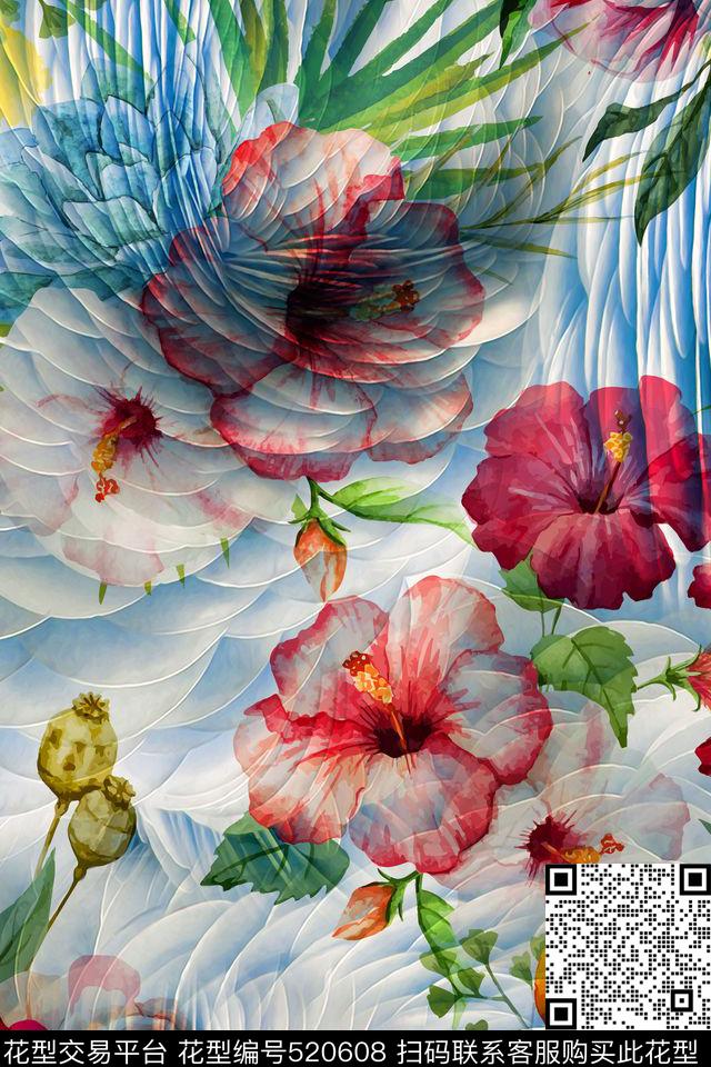 热带风情抽象热带花卉数码印花华亿平台下载（图片编号: 520608） - 瓦栏（Walan）