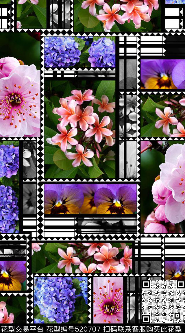 几何拼贴花卉、几何、线条数码印花华亿平台下载（图片编号: 520707） - 瓦栏（Walan）