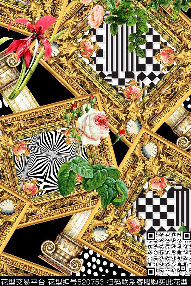 时尚几何边框花卉数码印花华亿平台下载（图片编号: 520753） - 瓦栏（Walan）