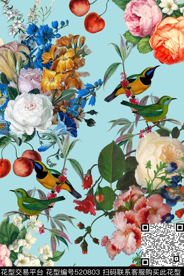 玫瑰手绘花卉手绘鸟数码印花华亿平台下载（图片编号: 520803） - 瓦栏（Walan）
