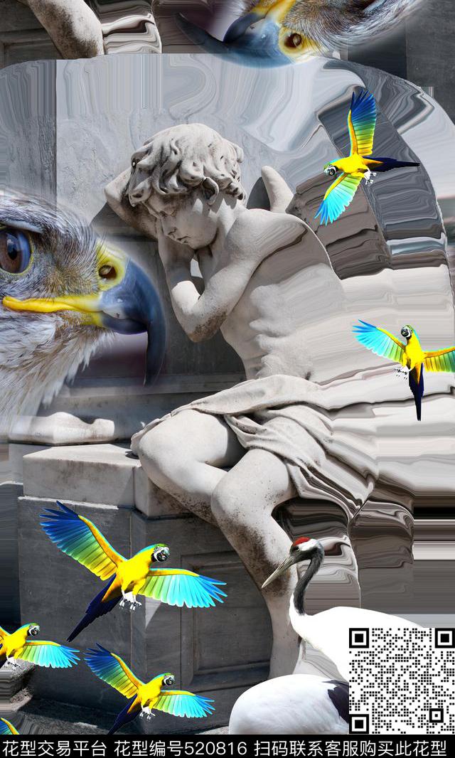 复古做旧雕塑鸟数码印花华亿平台下载（图片编号: 520816） - 瓦栏（Walan）