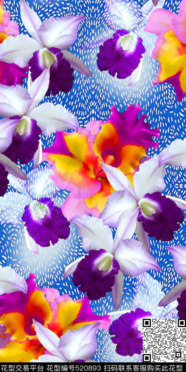 时尚流行新潮水彩花卉兰花丝绸真丝棉布数码印花华亿平台下载（图片编号: 520893） - 瓦栏（Walan）