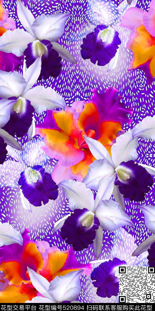 丝绸真丝棉布水彩花卉兰花时尚流行新潮数码印花华亿平台下载（图片编号: 520894） - 瓦栏（Walan）