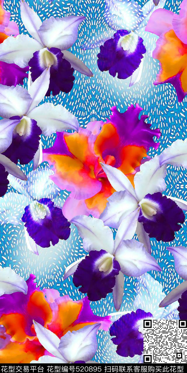 丝绸真丝棉布水彩花卉兰花时尚流行新潮数码印花华亿平台下载（图片编号: 520895） - 瓦栏（Walan）