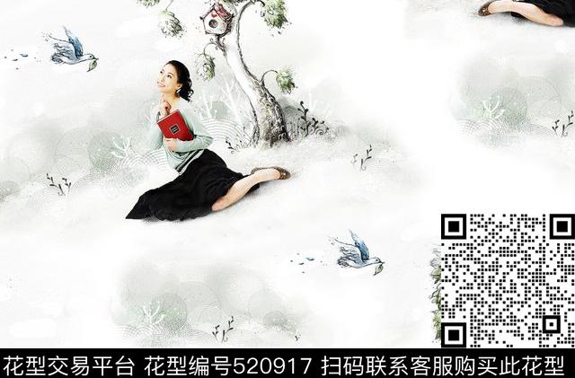 人物少女燕子鸽子大树数码印花华亿平台下载（图片编号: 520917） - 瓦栏（Walan）