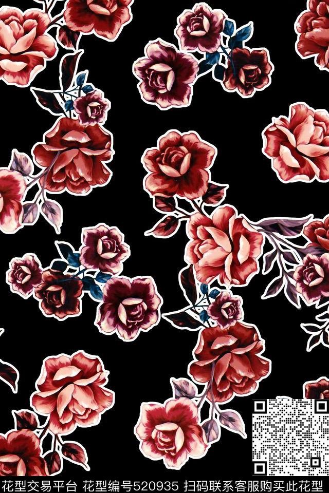 轮廓深色底花卉数码印花华亿平台下载（图片编号: 520935） - 瓦栏（Walan）