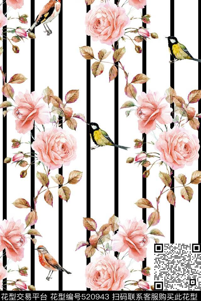 花鸟竖条数码印花华亿平台下载（图片编号: 520943） - 瓦栏（Walan）