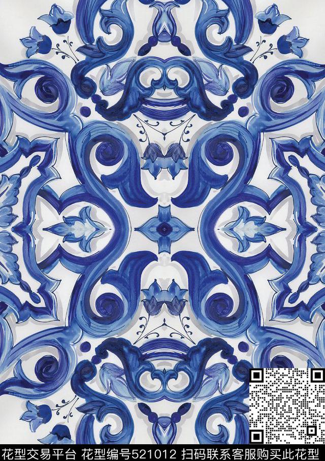 花卉青花瓷青花瓷花卉数码印花华亿平台下载（图片编号: 521012） - 瓦栏（Walan）