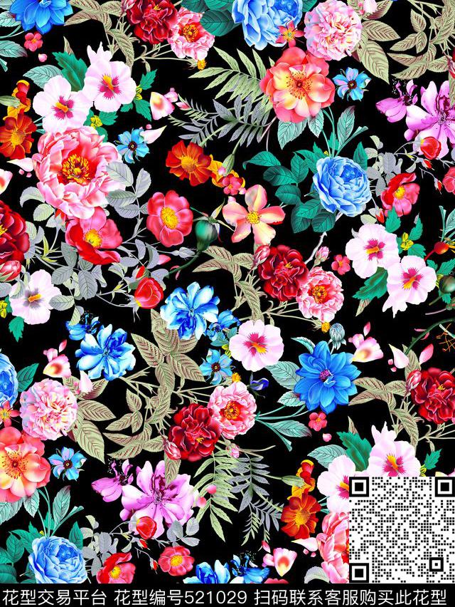 现代花卉组合数码印花华亿平台下载（图片编号: 521029） - 瓦栏（Walan）