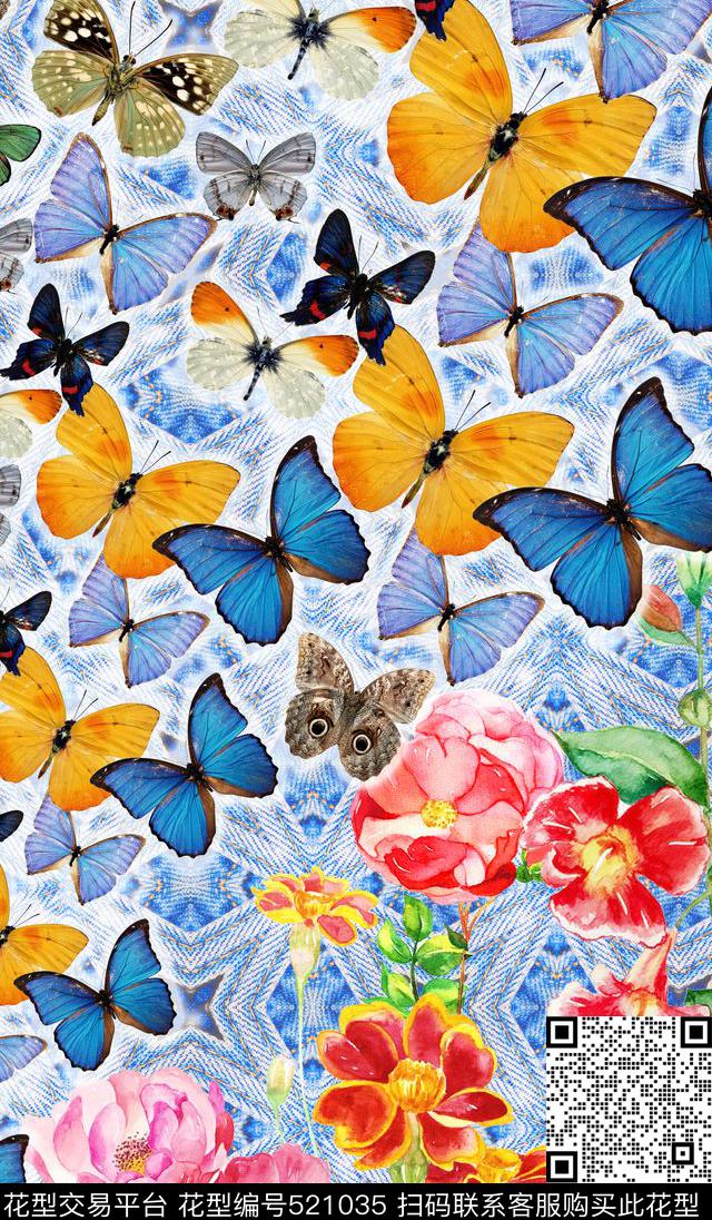 流行时尚欧美手绘牛仔纹路蝴蝶定位数码印花华亿平台下载（图片编号: 521035） - 瓦栏（Walan）