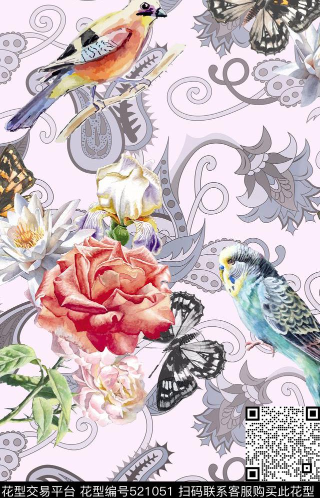 花卉几何鸟数码印花华亿平台下载（图片编号: 521051） - 瓦栏（Walan）