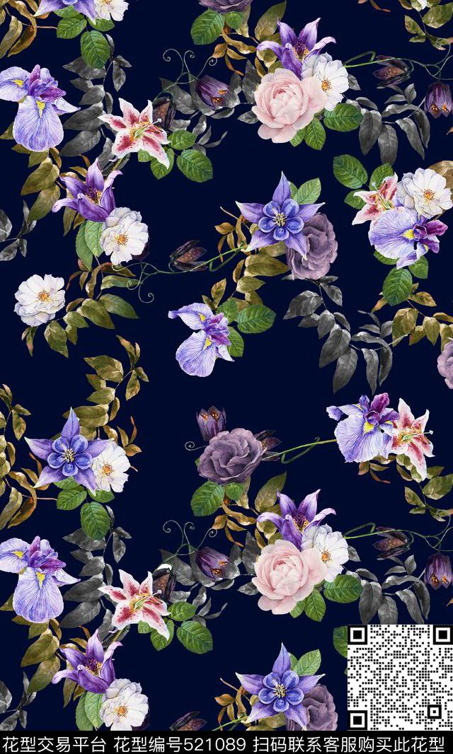 蓝花百合树叶数码印花华亿平台下载（图片编号: 521089） - 瓦栏（Walan）