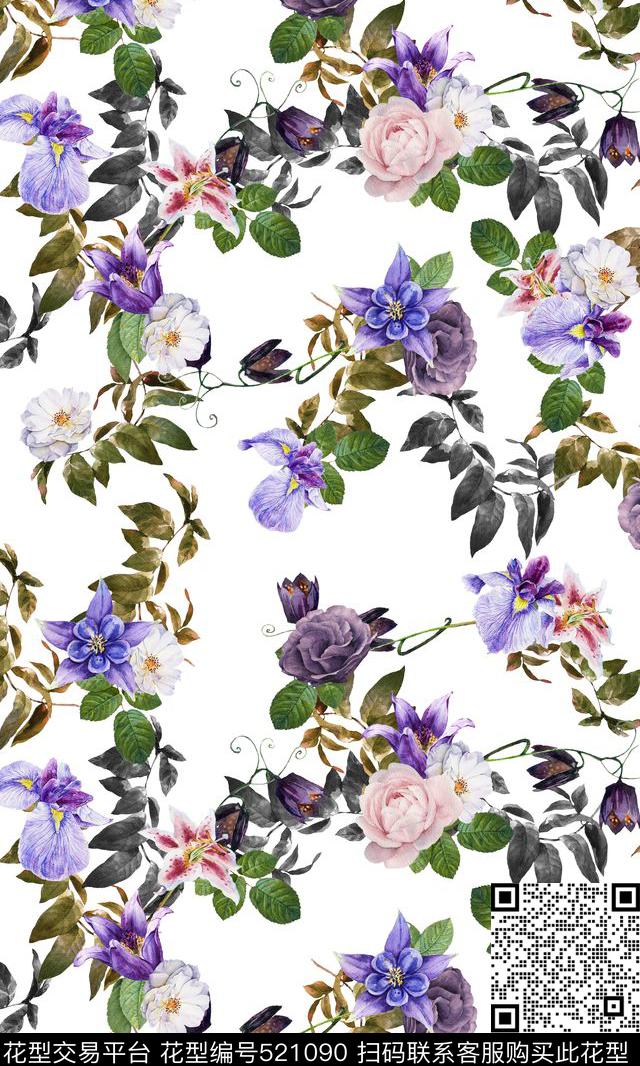蓝花百合树叶数码印花华亿平台下载（图片编号: 521090） - 瓦栏（Walan）